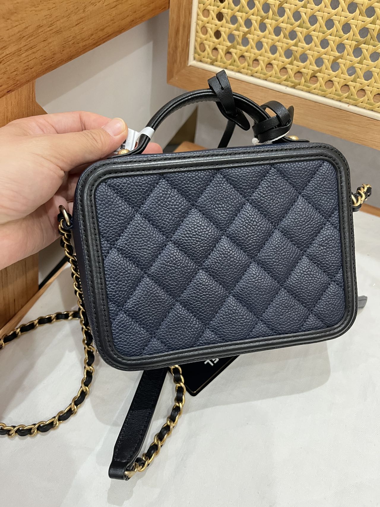 Pre-owned Certified Chanel Filigree Vanity Top Handle Navy Blue Caviar Leather Golden Hw, 2016, w/ Chanel card, dust bag, lock & key