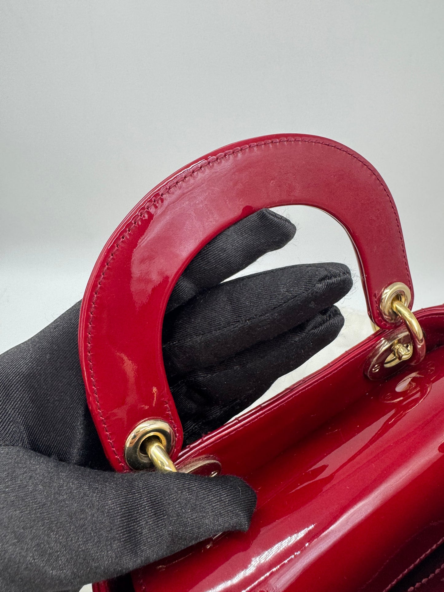 Pre-owned Certified Lady Dior Mini Dark Cherry Red Patent Leather Golden Hardware, 2017, w/ full set