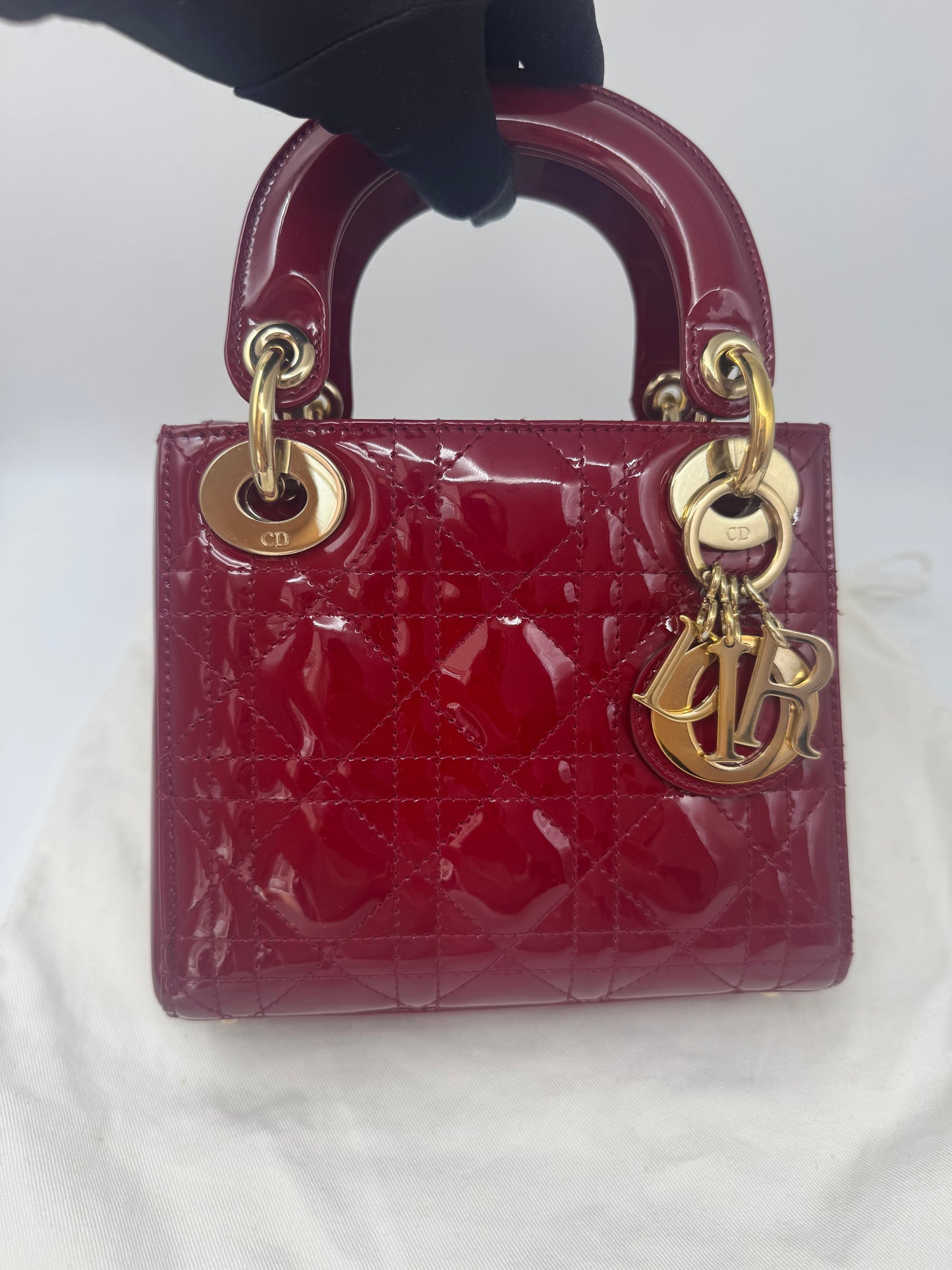 Pre-owned Certified Lady Dior Mini Dark Cherry Red Patent Leather Golden Hardware, 2017, w/ full set