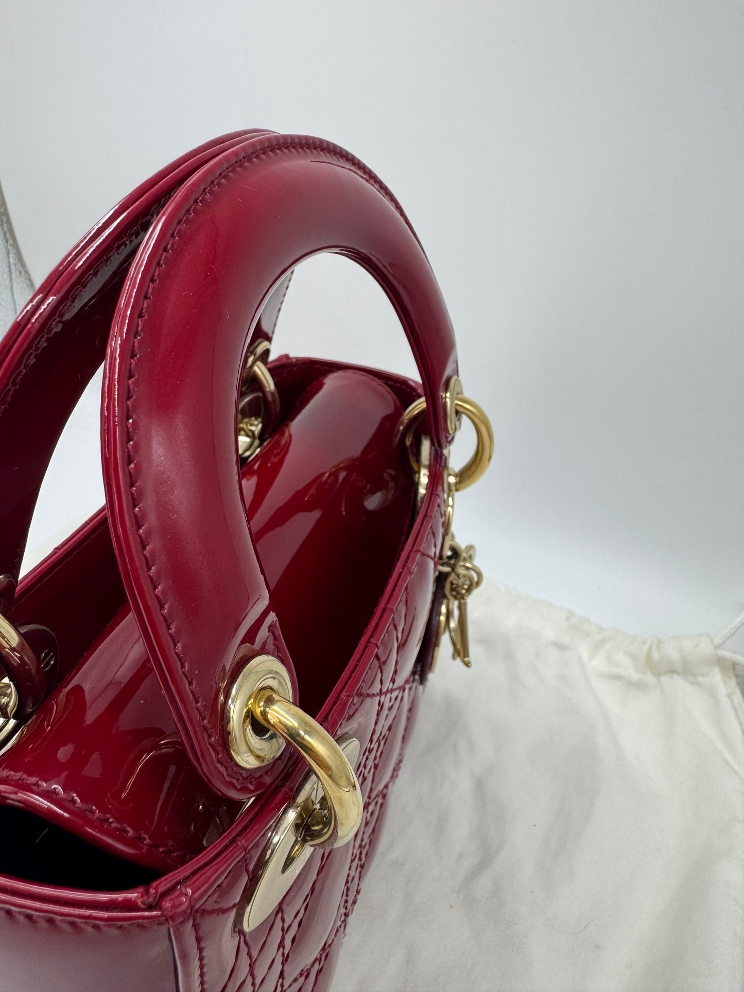 Pre-owned Certified Lady Dior Mini Dark Cherry Red Patent Leather Golden Hardware, 2017, w/ full set