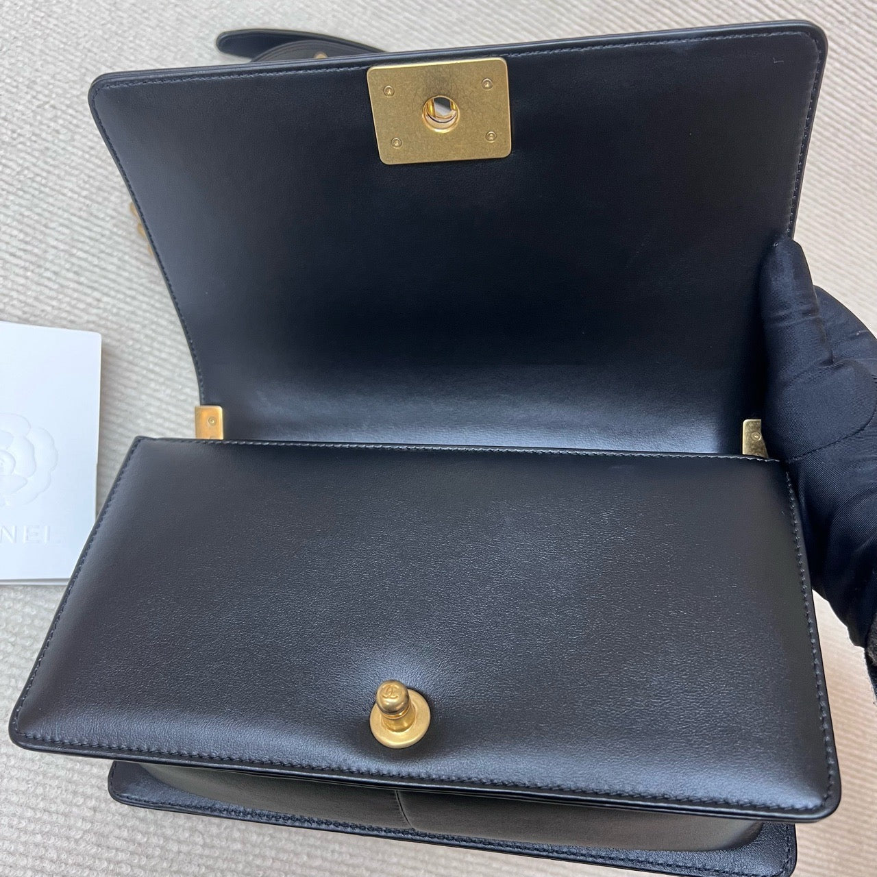 Pre-owned Chanel Le Boy Medium Black Calfskin Golden Hw, Microchipped, Full Set