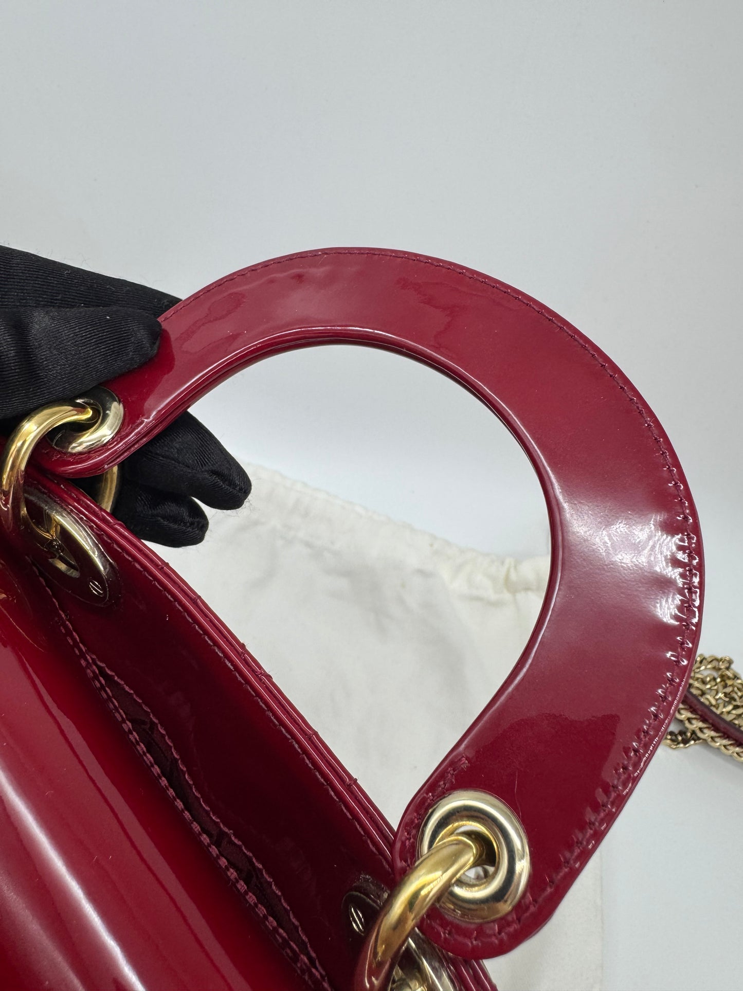 Pre-owned Certified Lady Dior Mini Dark Cherry Red Patent Leather Golden Hardware, 2017, w/ full set