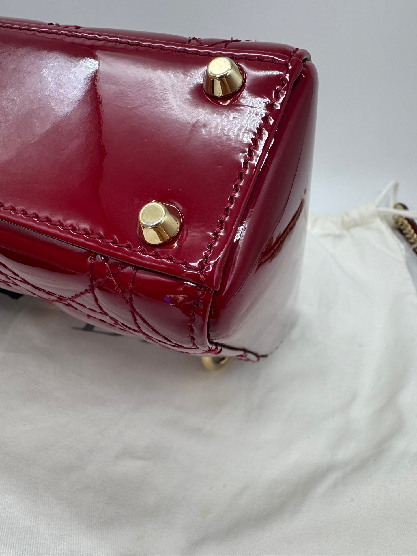 Pre-owned Certified Lady Dior Mini Dark Cherry Red Patent Leather Golden Hardware, 2017, w/ full set