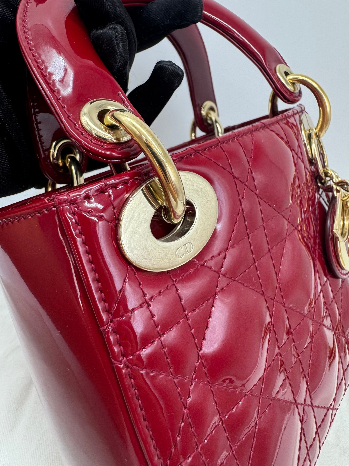 Pre-owned Certified Lady Dior Mini Dark Cherry Red Patent Leather Golden Hardware, 2017, w/ full set