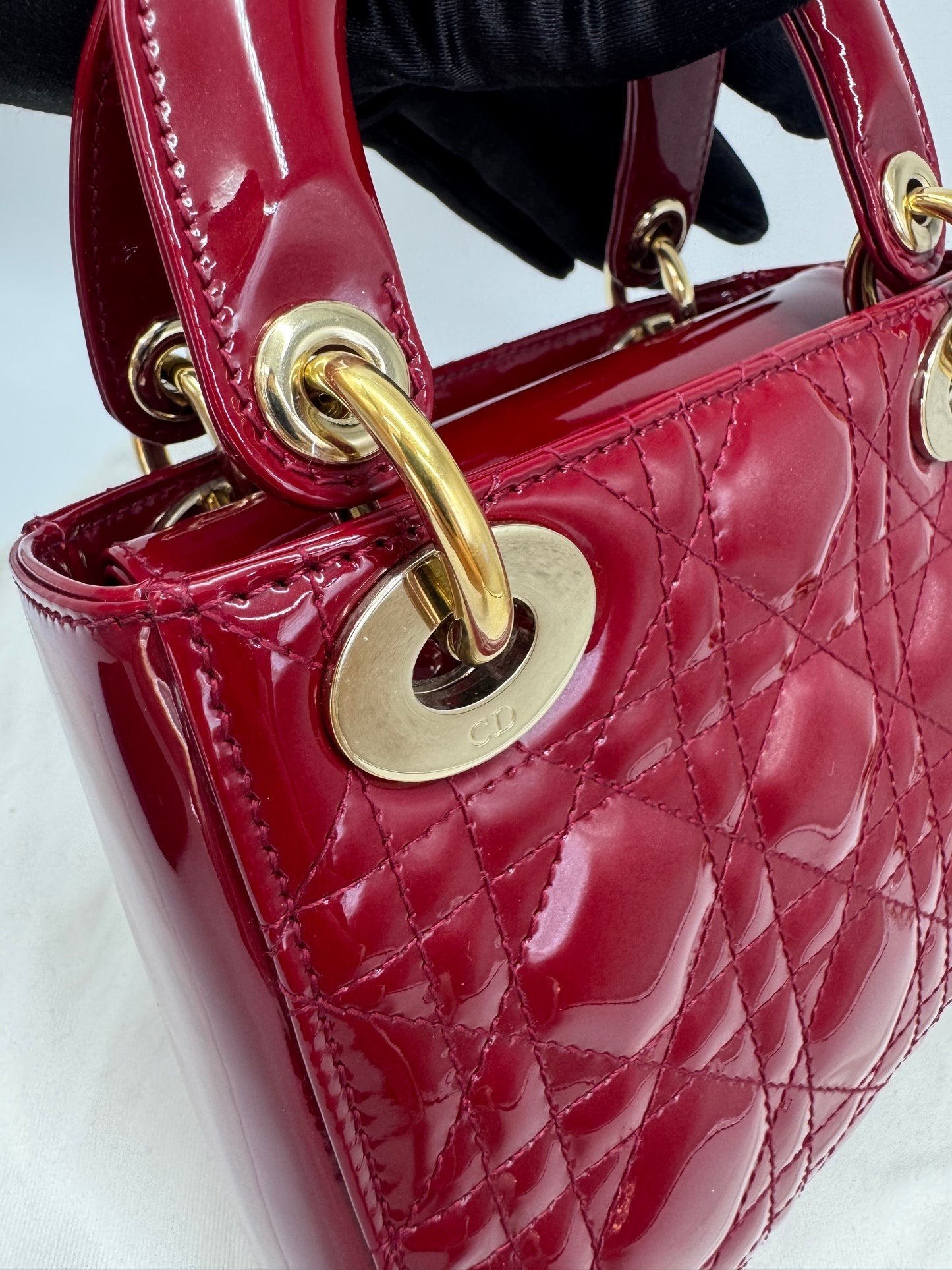 Pre-owned Certified Lady Dior Mini Dark Cherry Red Patent Leather Golden Hardware, 2017, w/ full set