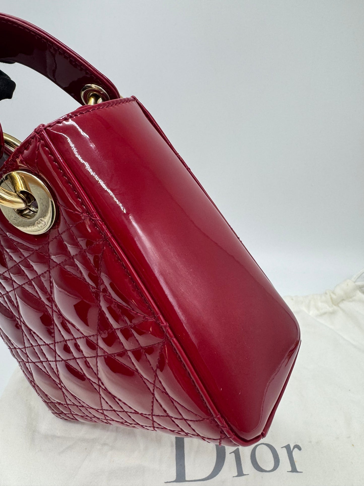 Pre-owned Certified Lady Dior Mini Dark Cherry Red Patent Leather Golden Hardware, 2017, w/ full set