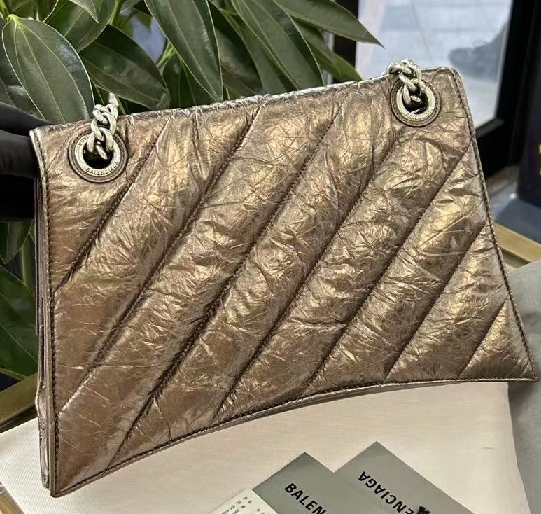 Pre-owned Certified Balenciaga Crush Chain Bag Medium Golden Metallic Quilted Calfskin, w/ tags, dust bag