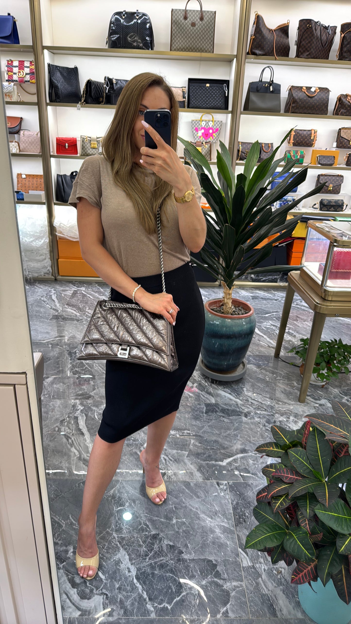 Pre-owned Certified Balenciaga Crush Chain Bag Medium Golden Metallic Quilted Calfskin, w/ tags, dust bag