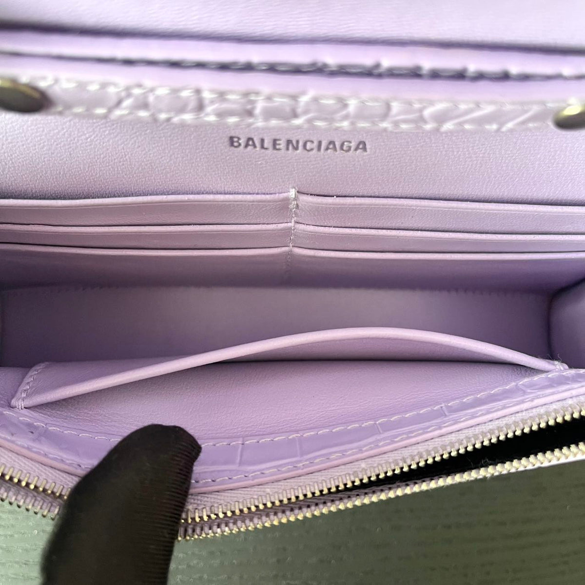 Pre-owned Certified Limited Balenciaga Hourglass Wallet on Chain in Light Purple Embossed Leather with Silver Hardware, w/ dust bag