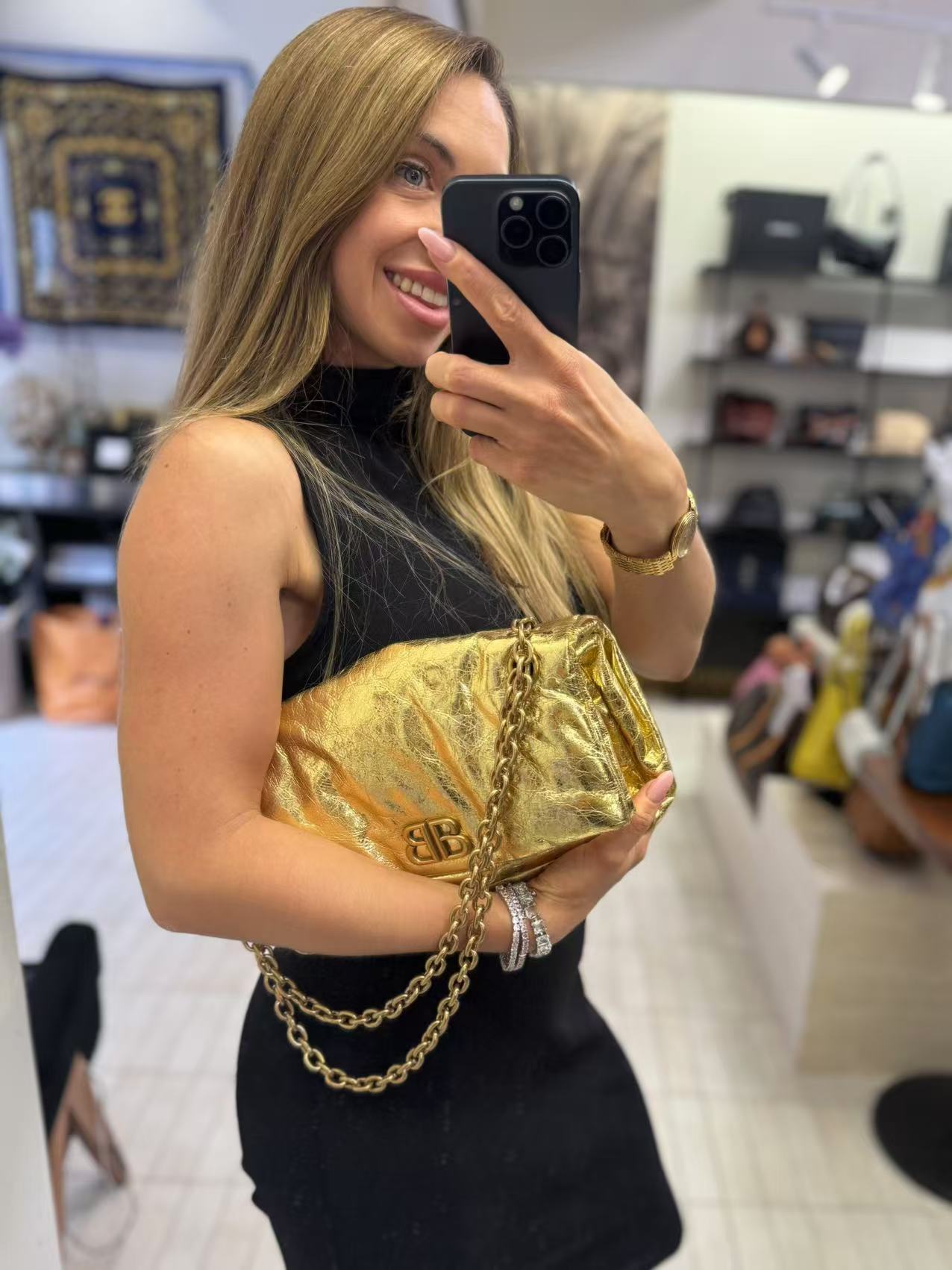 Pre-owned Certified Balenciaga Monaco Golden Metallic Calfskin Golden Hardware, w/ dust bag