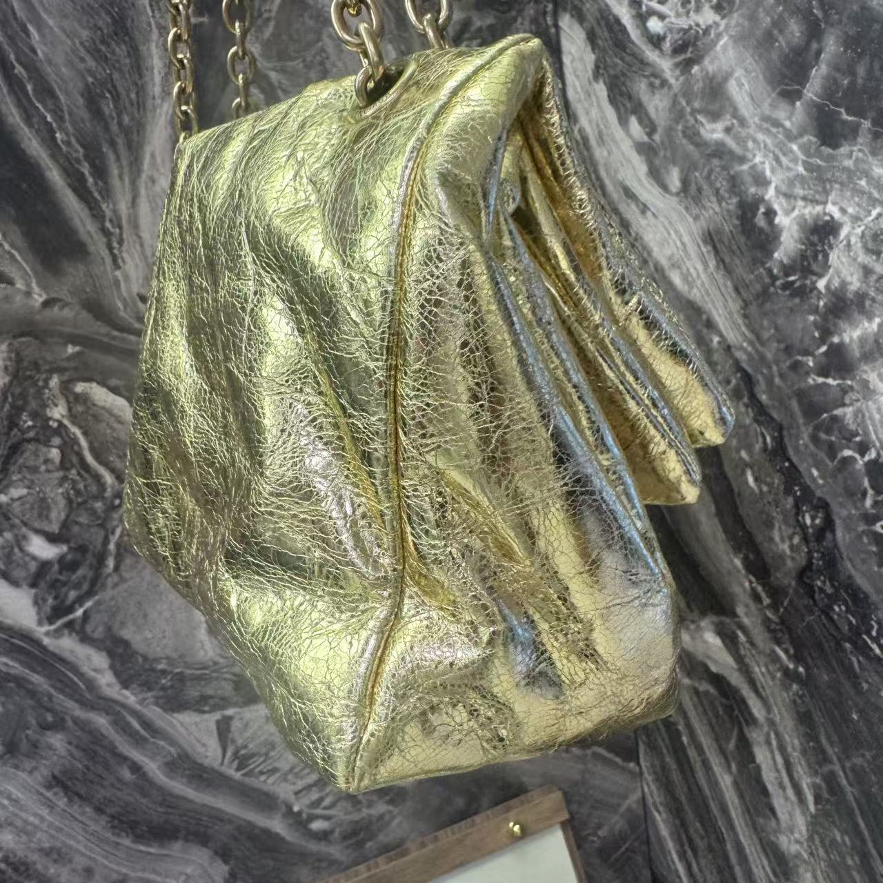 Pre-owned Certified Balenciaga Monaco Golden Metallic Calfskin Golden Hardware, w/ dust bag