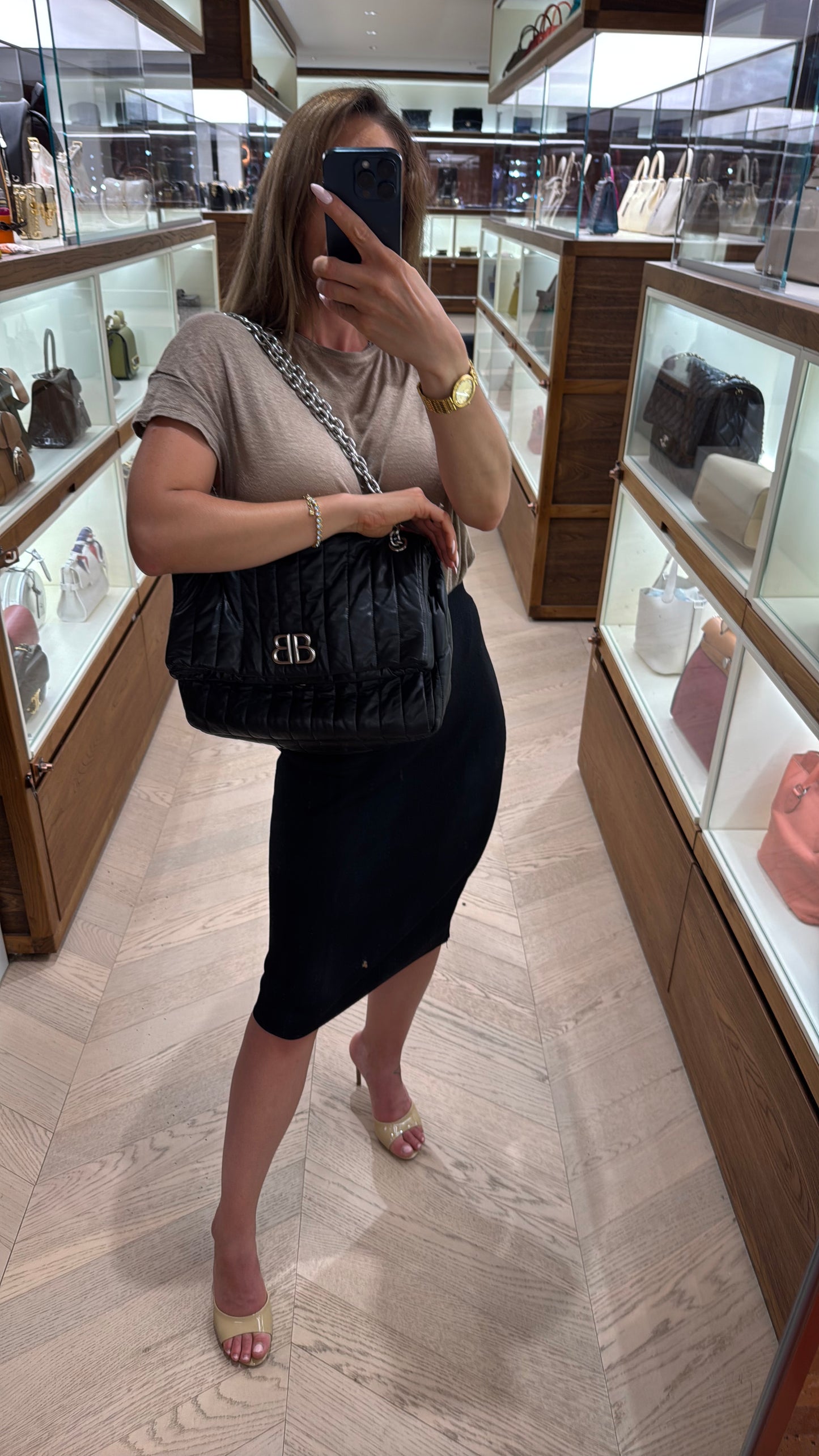 Pre-owned Certified Balenciaga Monaco Quilted Thin Calfskin Aged Silver Hardware, w/ dust bag