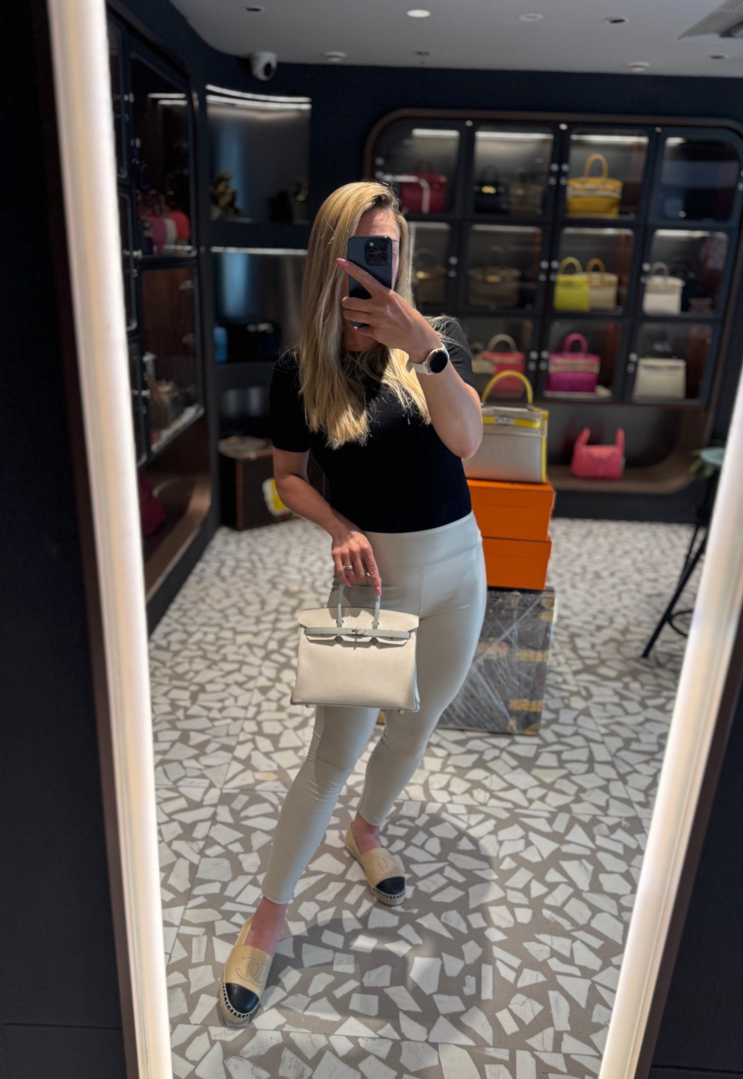 Pre-owned Certified Special Order Hermes Birkin 25 Bi-colored Nata with Gris Perle Chevre with Brushed Silver Hardware, 2023, Full Set