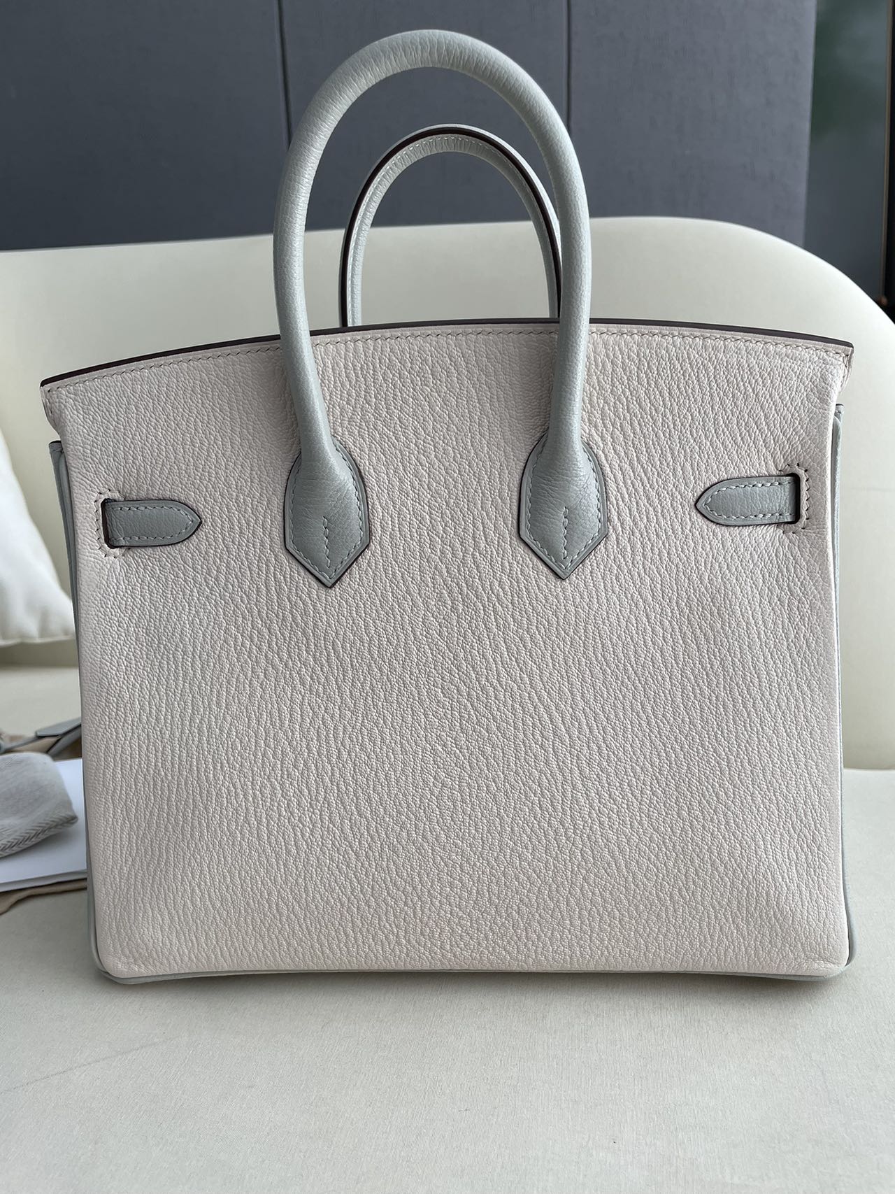 Pre-owned Certified Special Order Hermes Birkin 25 Bi-colored Nata with Gris Perle Chevre with Brushed Silver Hardware, 2023, Full Set