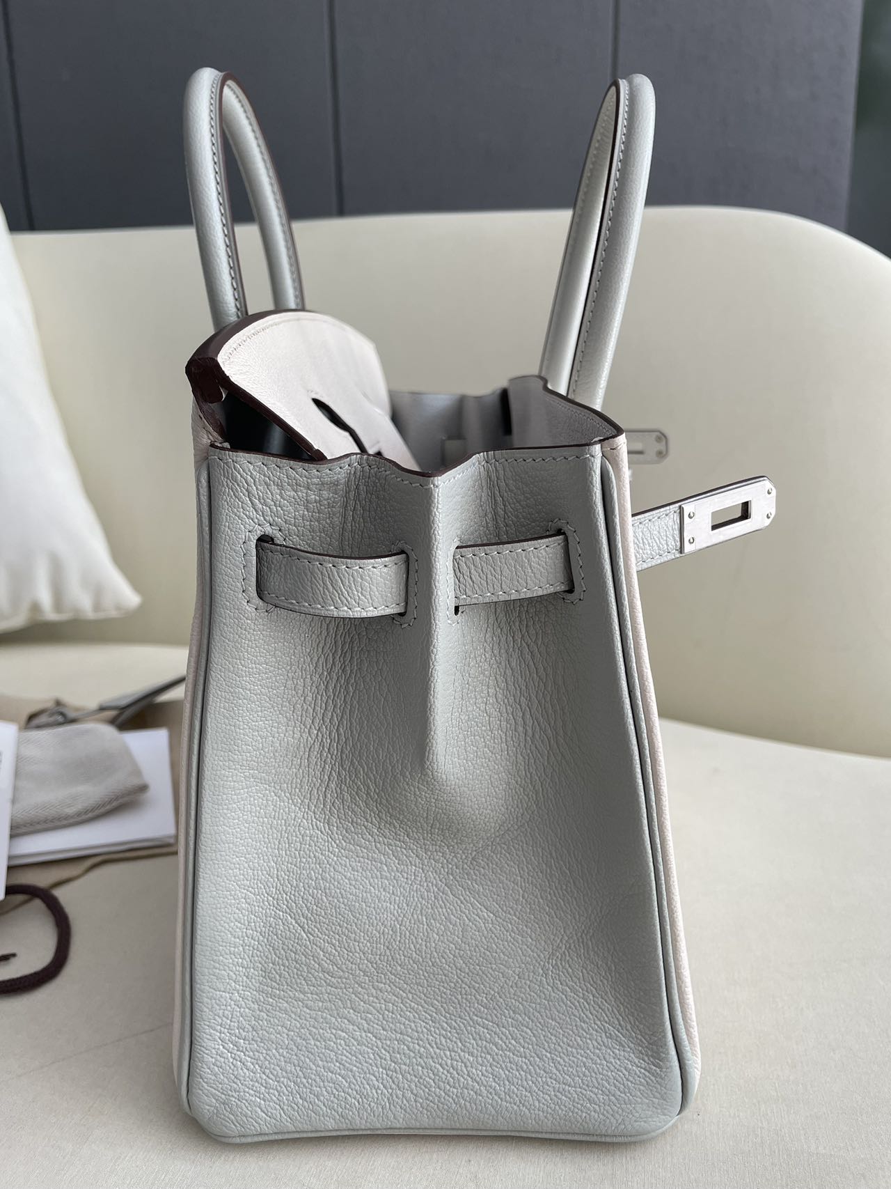 Pre-owned Certified Special Order Hermes Birkin 25 Bi-colored Nata with Gris Perle Chevre with Brushed Silver Hardware, 2023, Full Set