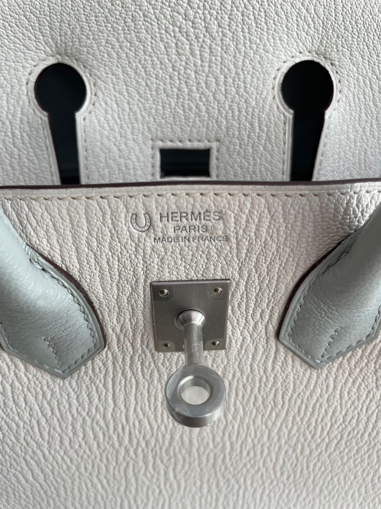 Pre-owned Certified Special Order Hermes Birkin 25 Bi-colored Nata with Gris Perle Chevre with Brushed Silver Hardware, 2023, Full Set