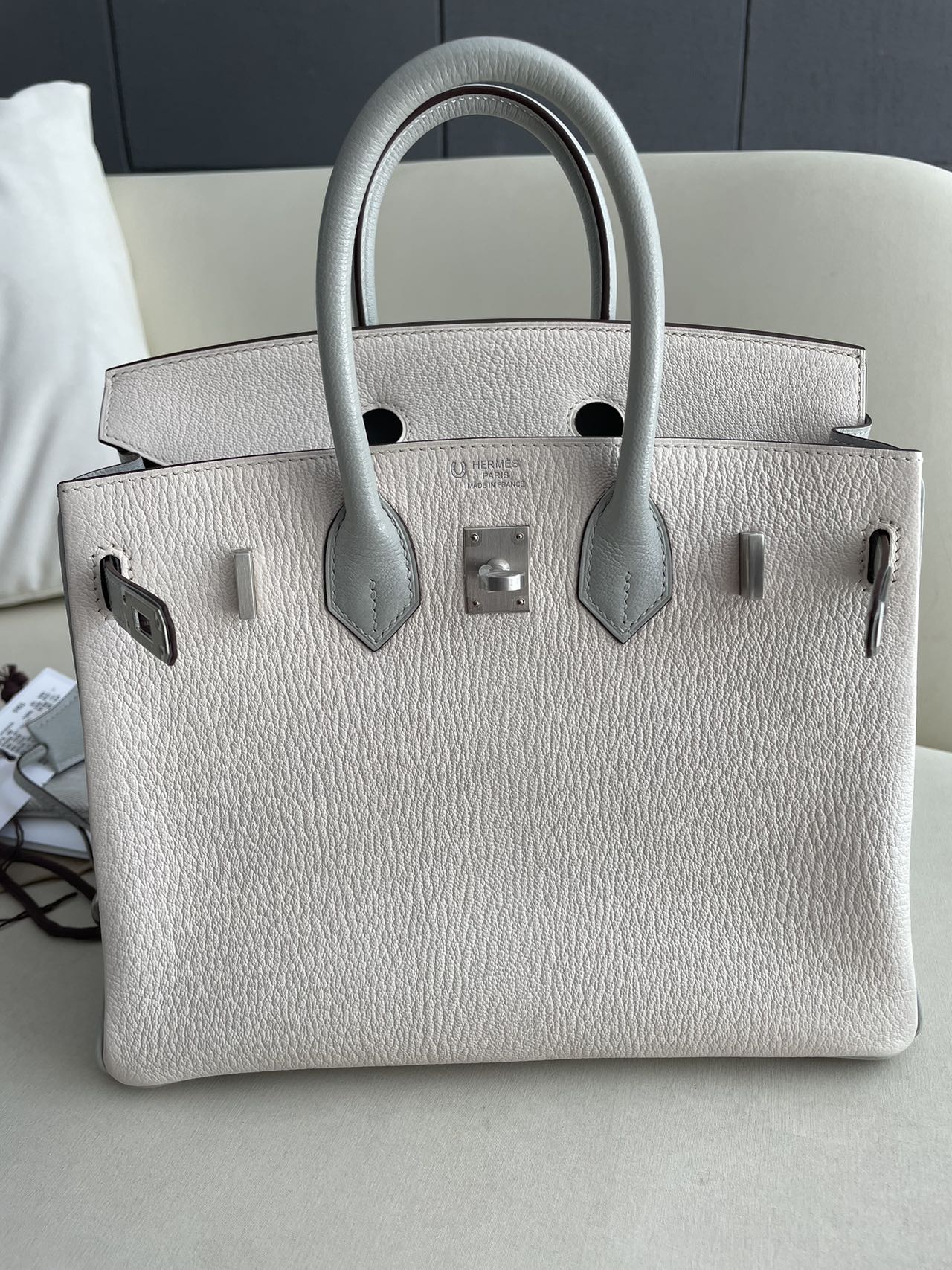 Pre-owned Certified Special Order Hermes Birkin 25 Bi-colored Nata with Gris Perle Chevre with Brushed Silver Hardware, 2023, Full Set