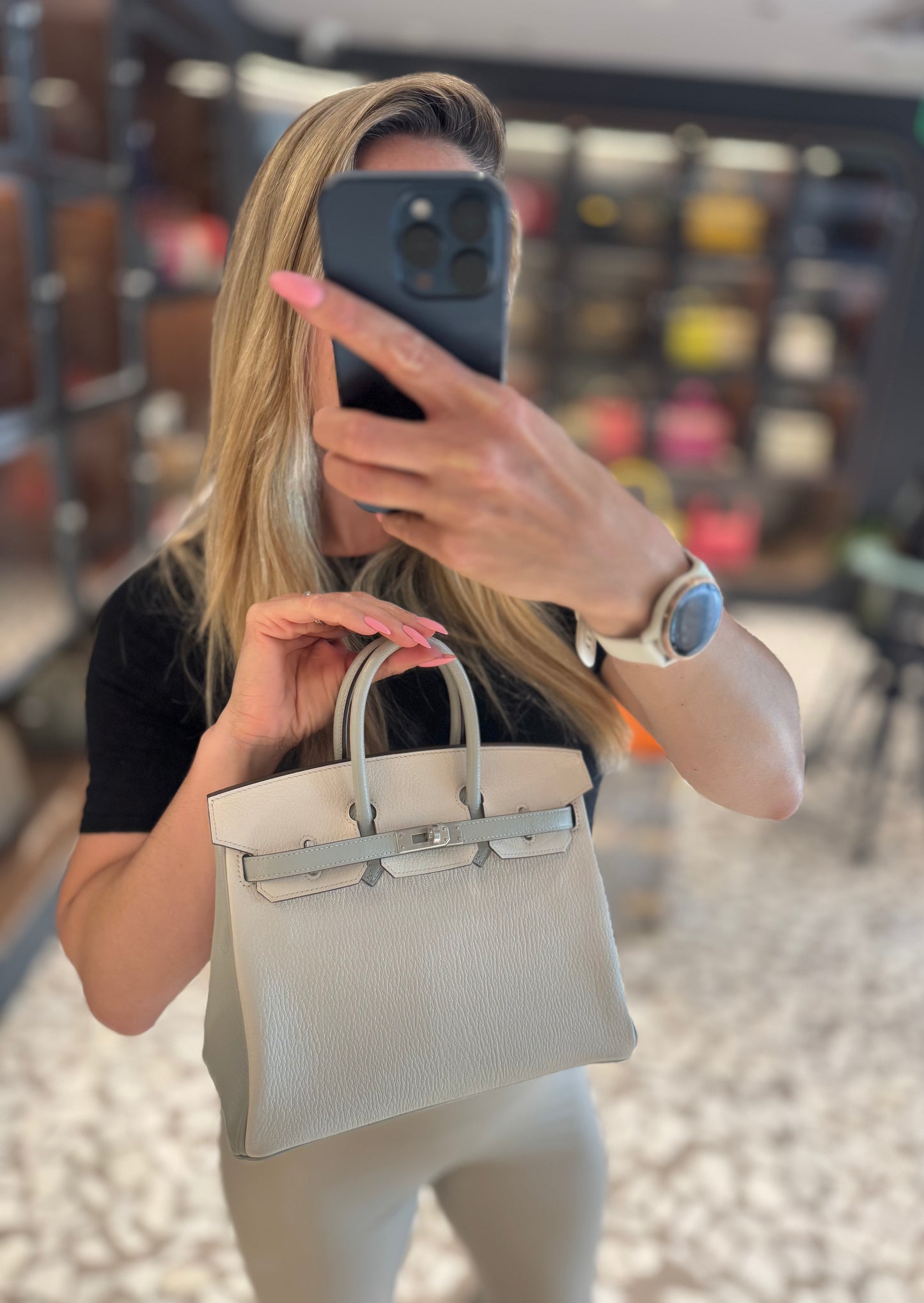Pre-owned Certified Special Order Hermes Birkin 25 Bi-colored Nata with Gris Perle Chevre with Brushed Silver Hardware, 2023, Full Set