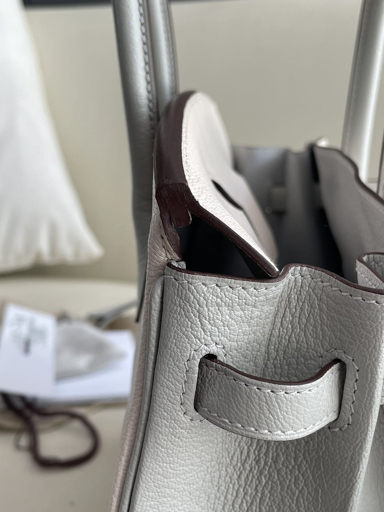 Pre-owned Certified Special Order Hermes Birkin 25 Bi-colored Nata with Gris Perle Chevre with Brushed Silver Hardware, 2023, Full Set