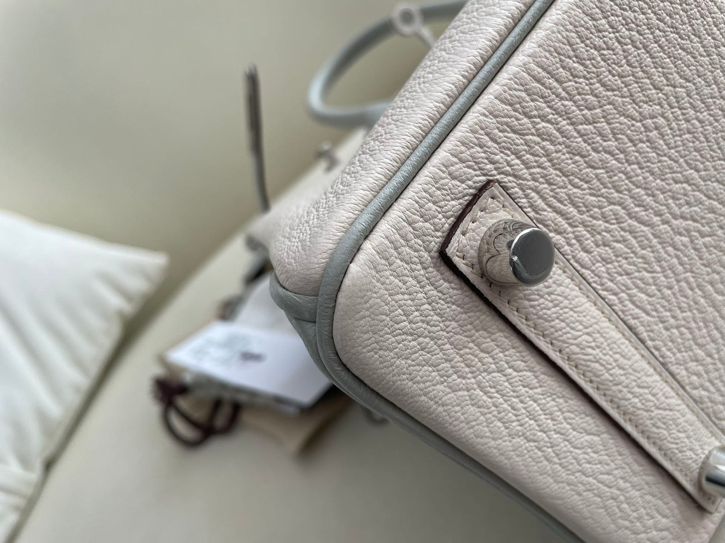 Pre-owned Certified Special Order Hermes Birkin 25 Bi-colored Nata with Gris Perle Chevre with Brushed Silver Hardware, 2023, Full Set