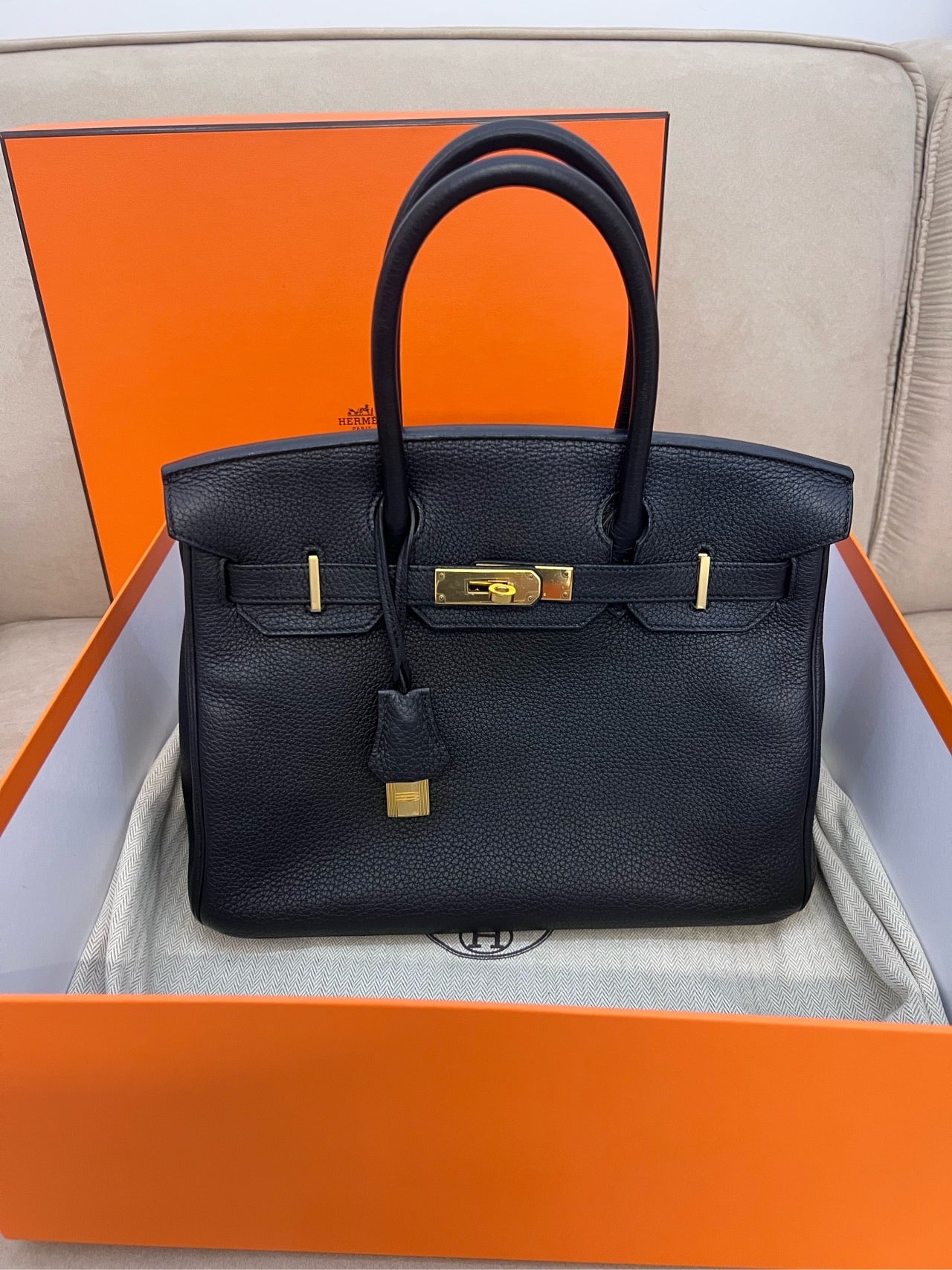 Pre-owned Hermes Birkin 30 Black Togo Golden Hw, 2012, w/ lock&key with clochette, dust bag