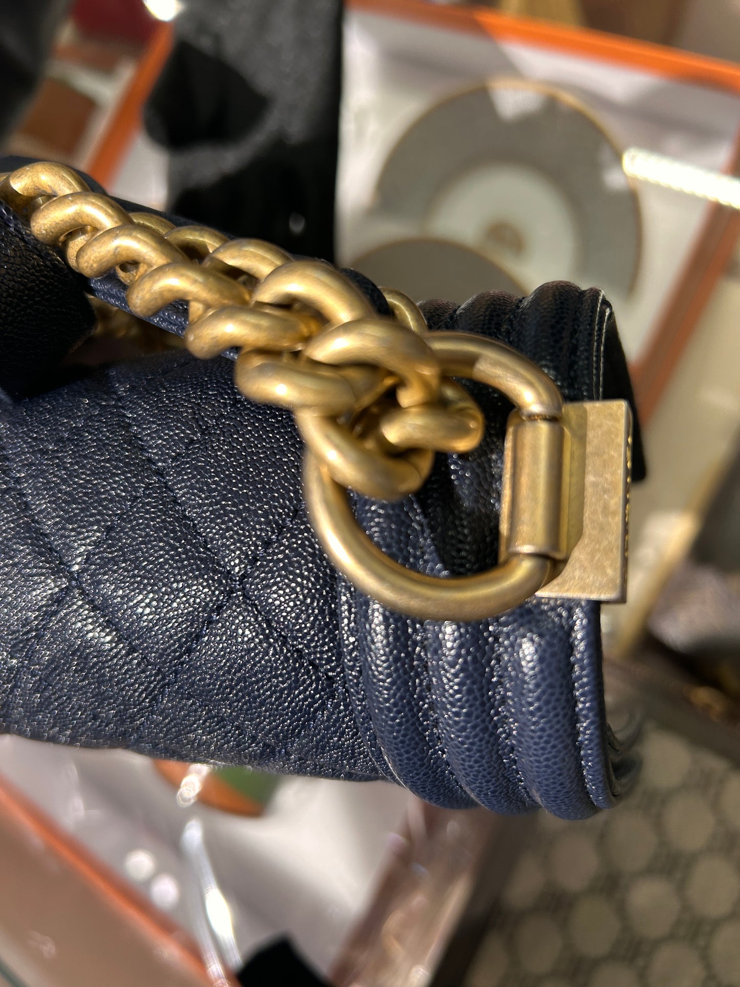 Pre-owned Chanel Le Boy Medium Navy Blue Caviar Leather Golden Hardware, mid-2019, Full Set
