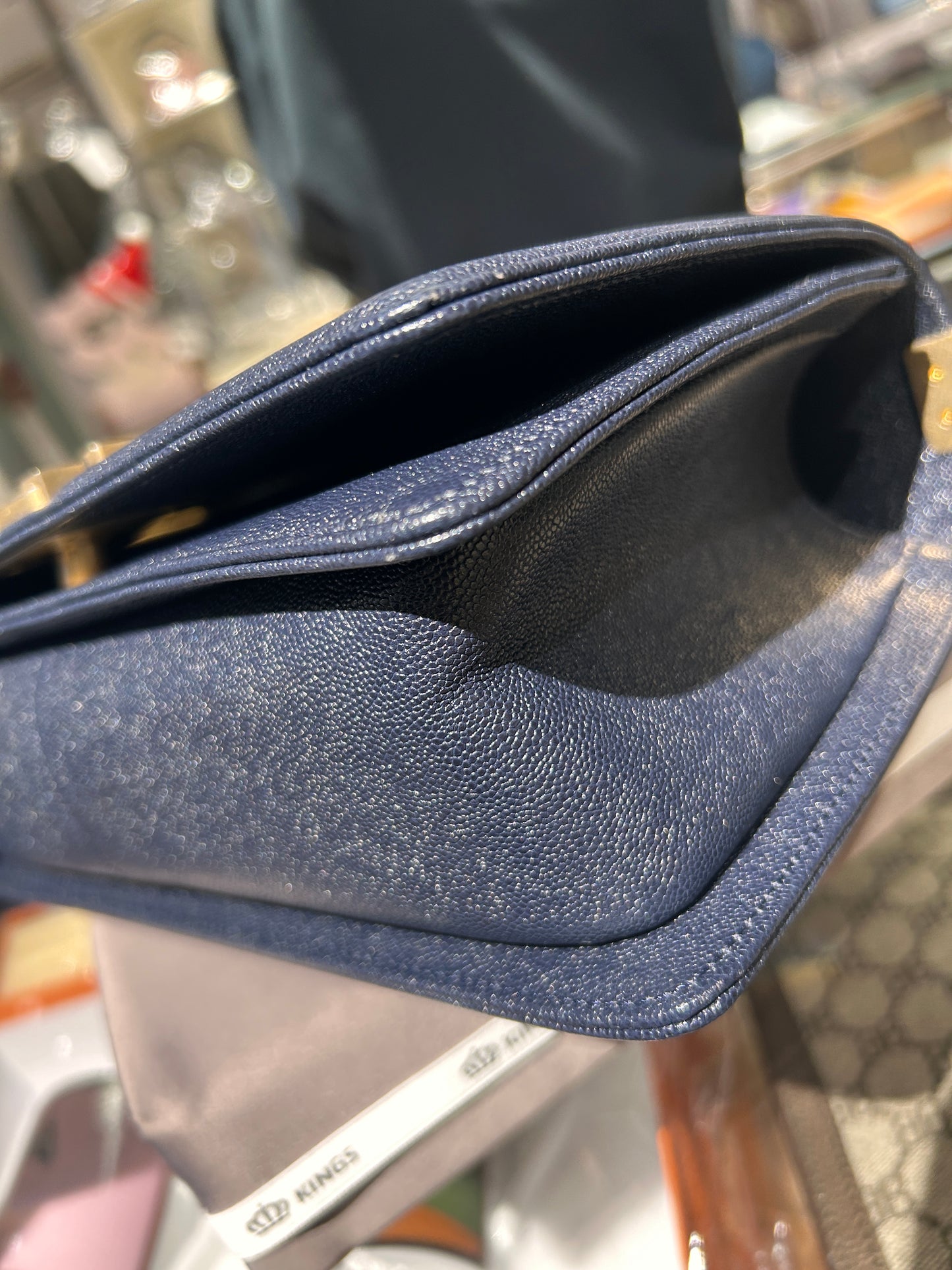 Pre-owned Chanel Le Boy Medium Navy Blue Caviar Leather Golden Hardware, mid-2019, Full Set