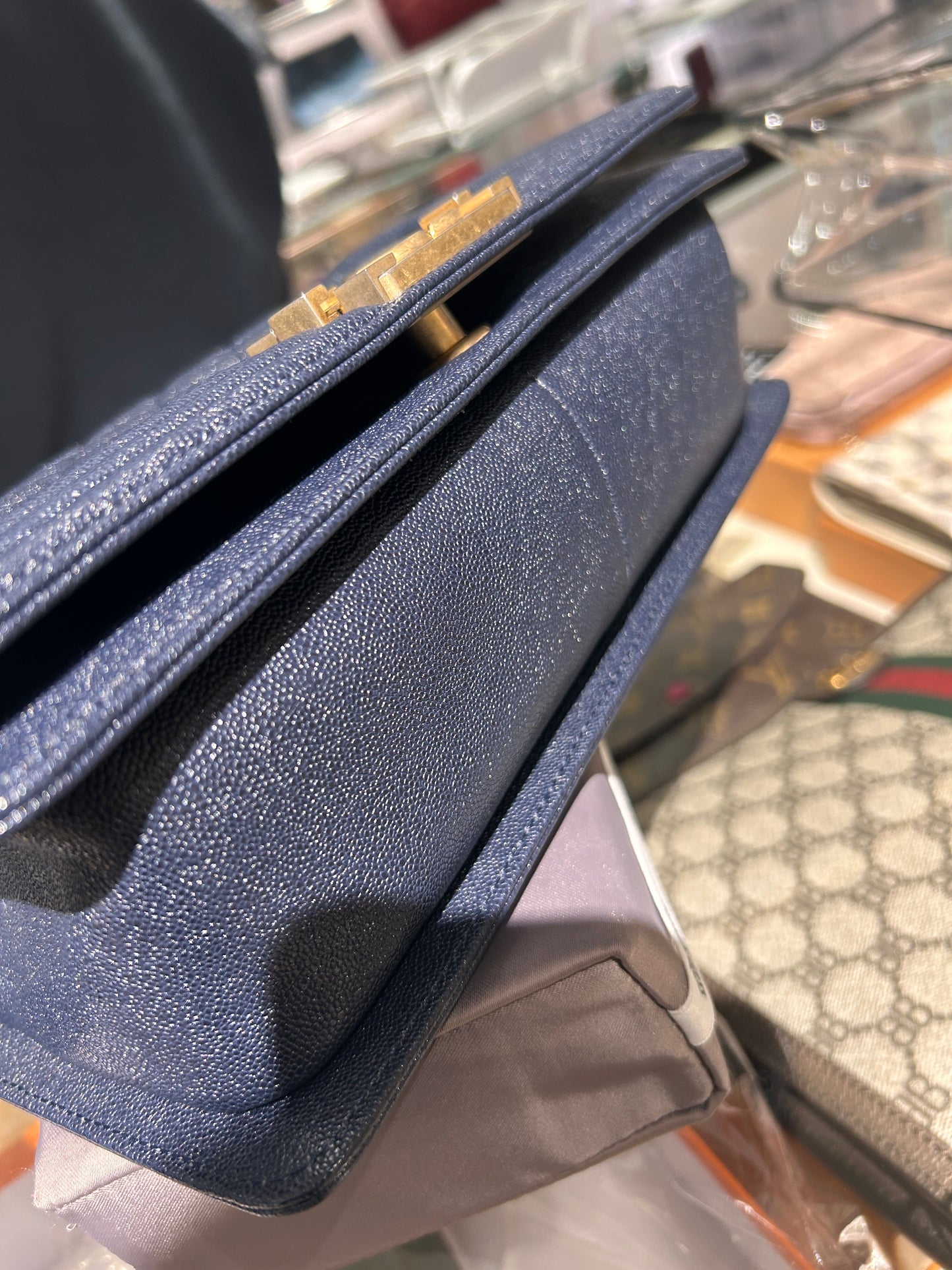 Pre-owned Chanel Le Boy Medium Navy Blue Caviar Leather Golden Hardware, mid-2019, Full Set