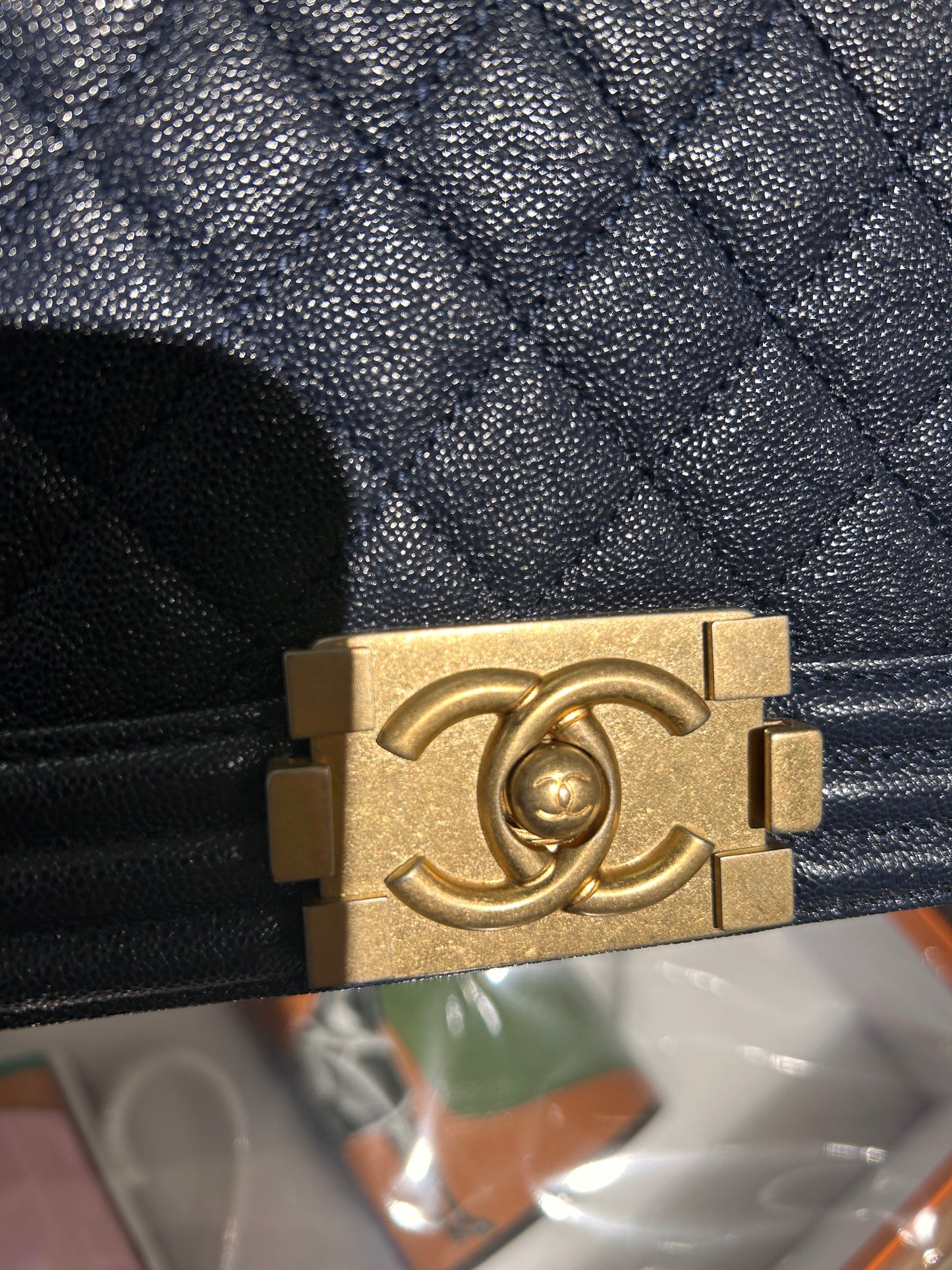 Pre-owned Chanel Le Boy Medium Navy Blue Caviar Leather Golden Hardware, mid-2019, Full Set