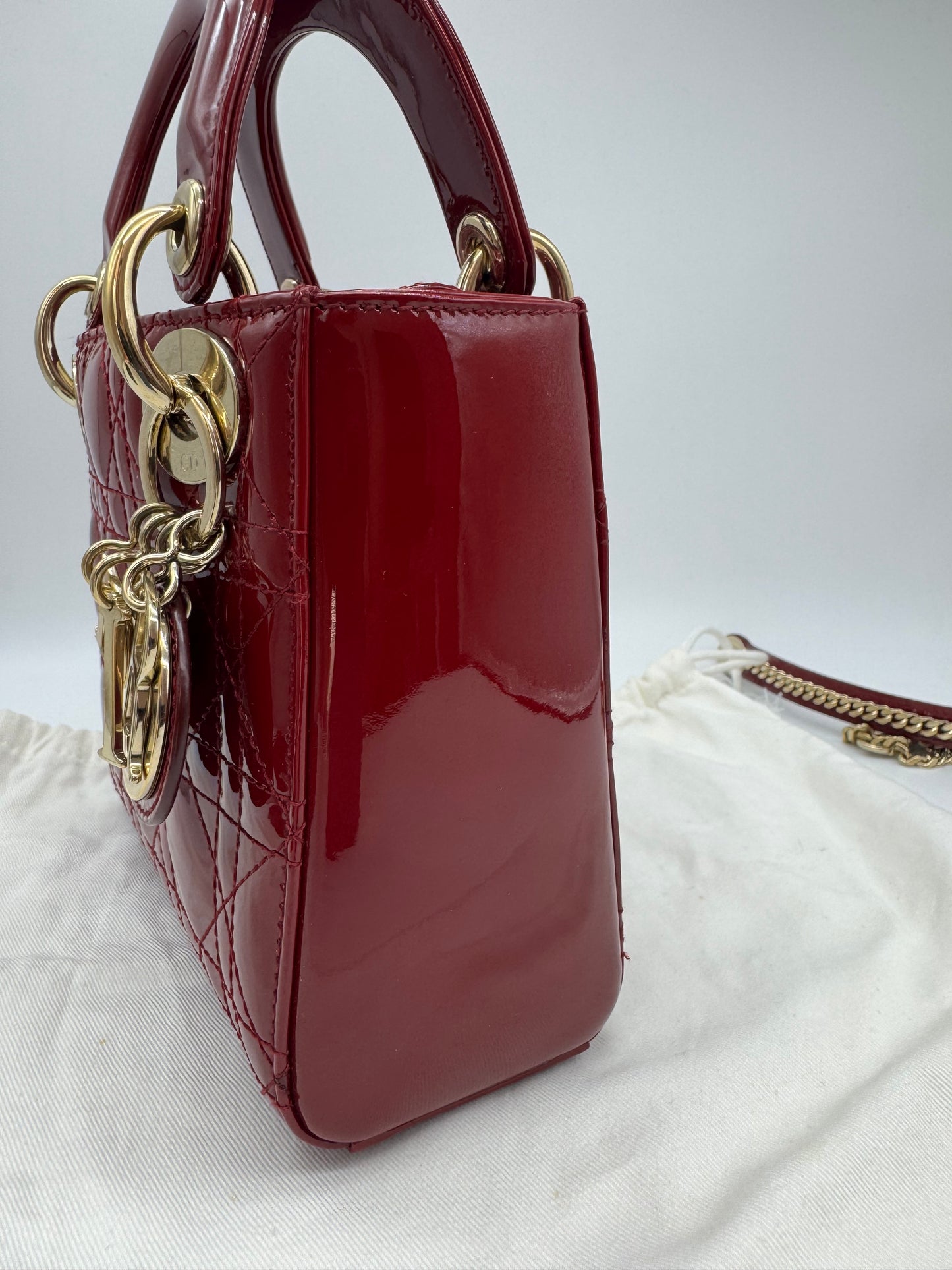 Pre-owned Certified Lady Dior Mini Dark Cherry Red Patent Leather Golden Hardware, 2017, w/ full set