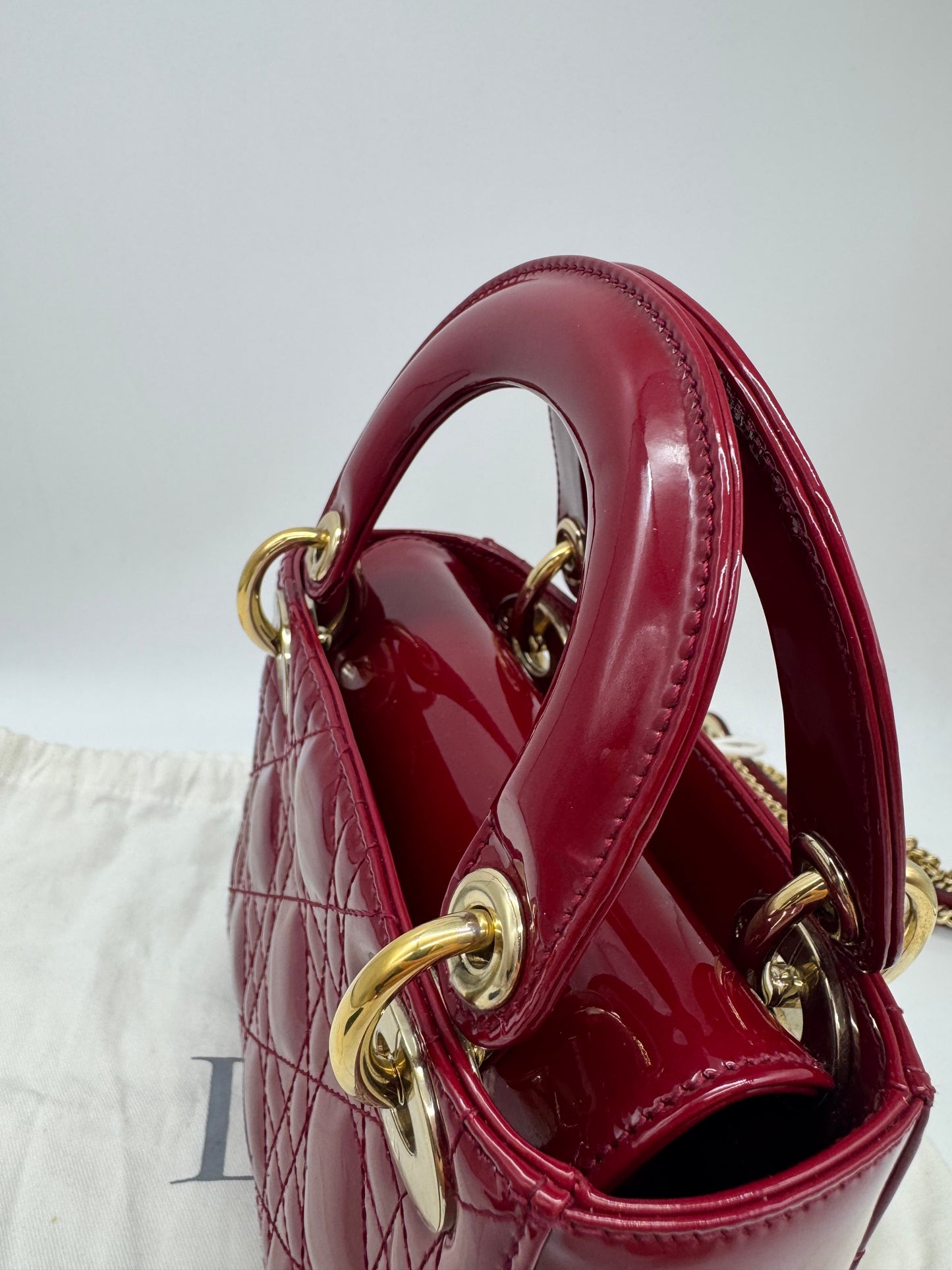 Pre-owned Certified Lady Dior Mini Dark Cherry Red Patent Leather Golden Hardware, 2017, w/ full set