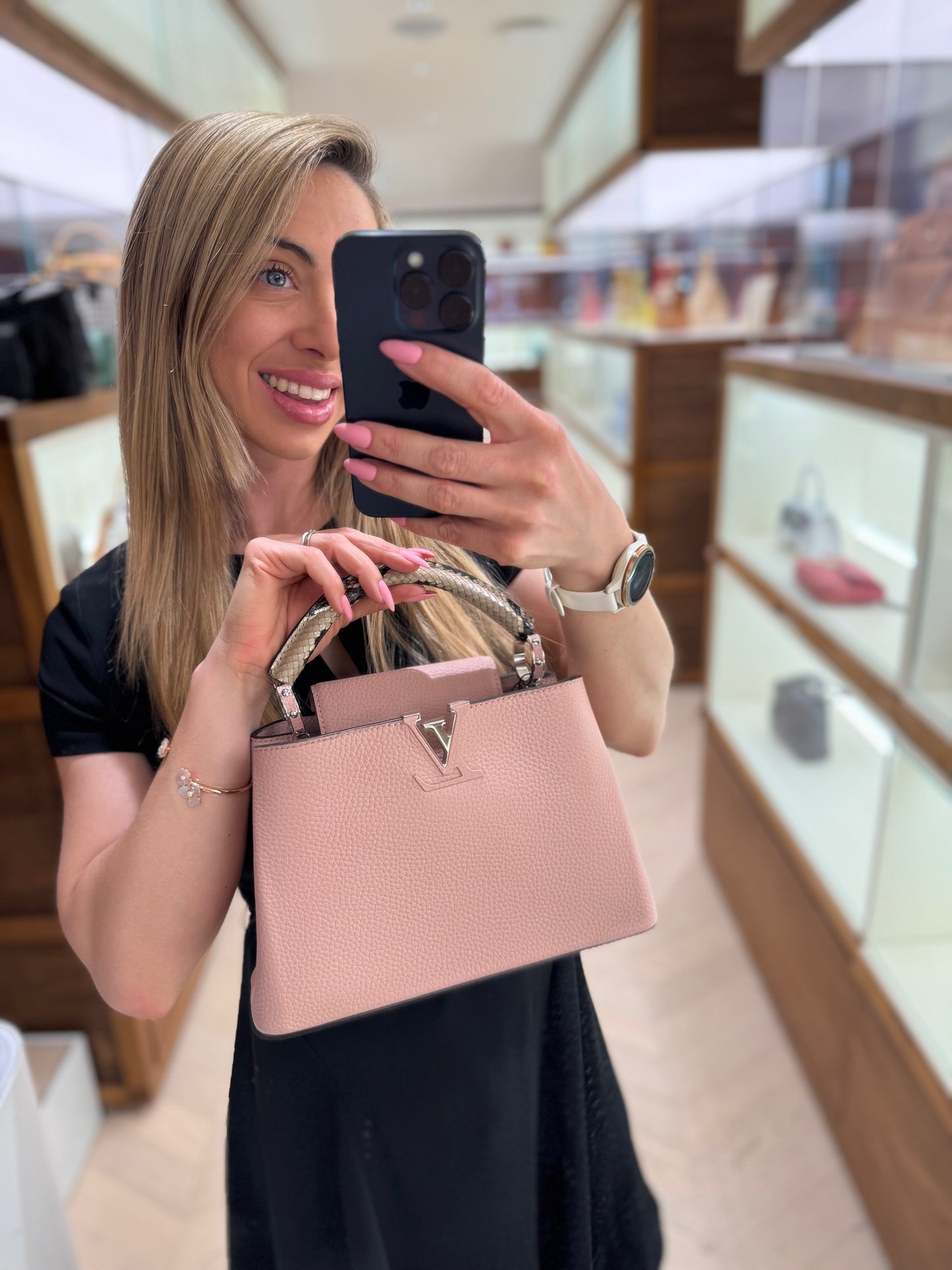 Pre-owned Certified Louis Vuitton LV Capucines BB Sakura Pink Calfskin with Natural Python Top Handle, w/ dust bag, strap