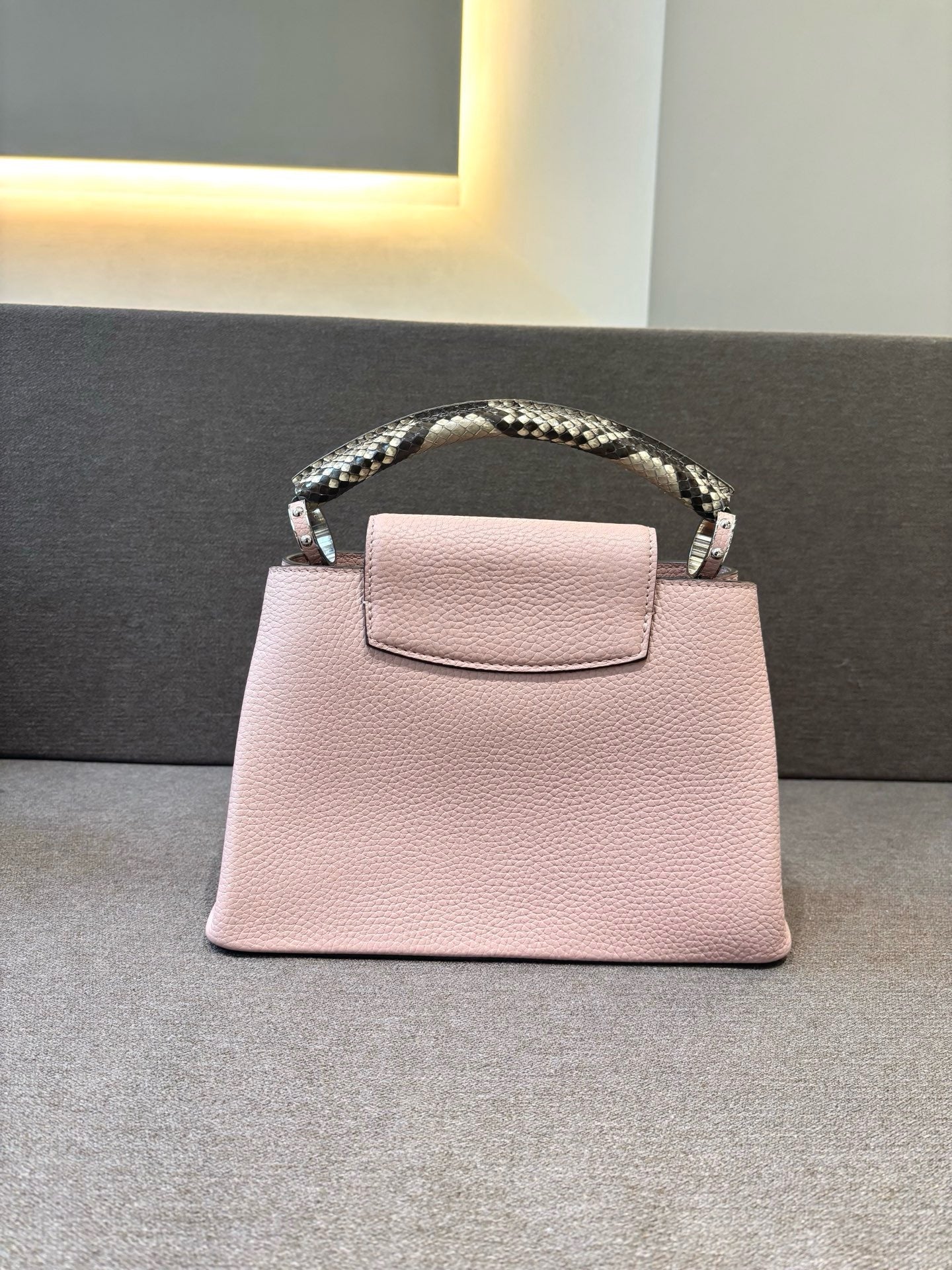 Pre-owned Certified Louis Vuitton LV Capucines BB Sakura Pink Calfskin with Natural Python Top Handle, w/ dust bag, strap