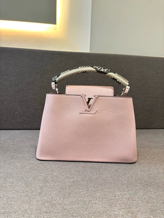Pre-owned Certified Louis Vuitton LV Capucines BB Sakura Pink Calfskin with Natural Python Top Handle, w/ dust bag, strap