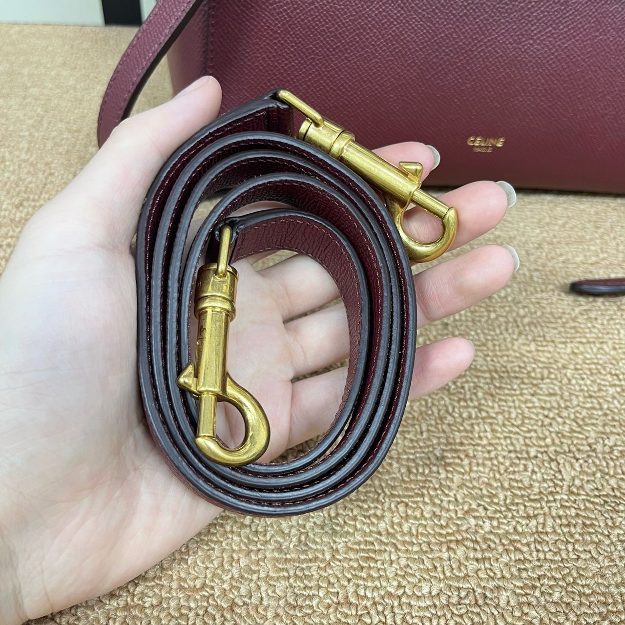 Pre-owned Certified Celine Micro Belt Bag in Burgundy Grained Calfskin with Golden Hardware, 2018, w/ strap