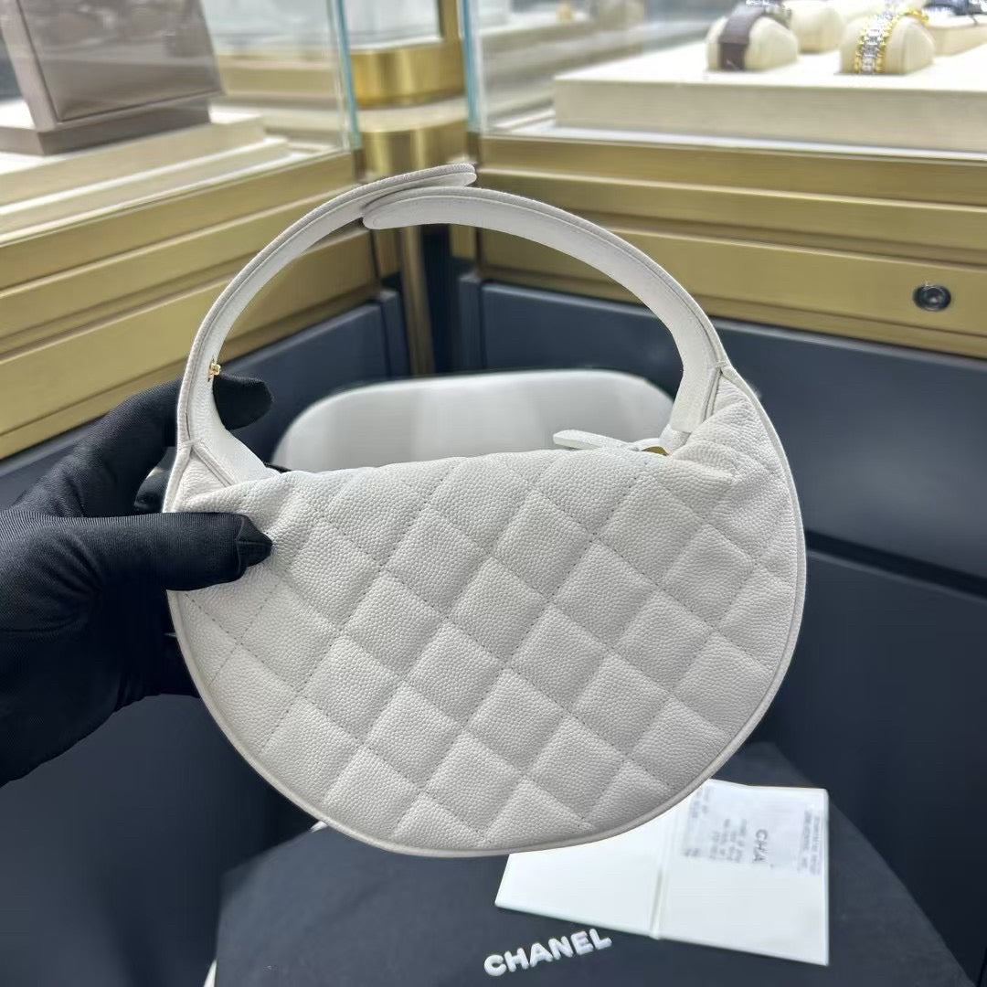 Pre-owned Certified Chanel 24S Hula “Bow” Hobo Bag White Caviar with Light Golden Hardware, 2024 microchipped, w/ dust bag