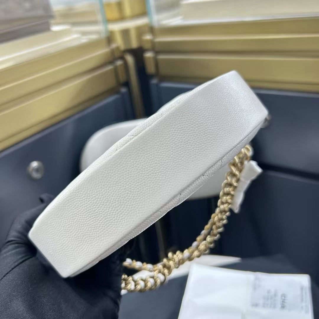 Pre-owned Certified Chanel 24S Hula “Bow” Hobo Bag White Caviar with Light Golden Hardware, 2024 microchipped, w/ dust bag