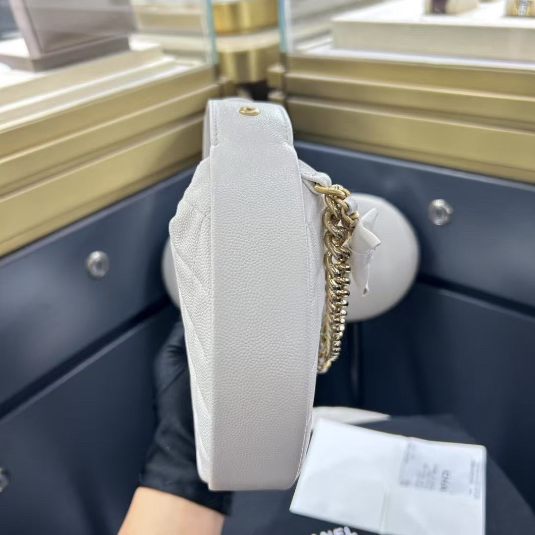 Pre-owned Certified Chanel 24S Hula “Bow” Hobo Bag White Caviar with Light Golden Hardware, 2024 microchipped, w/ dust bag
