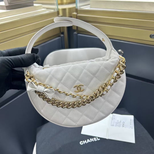 Pre-owned Certified Chanel 24S Hula “Bow” Hobo Bag White Caviar with Light Golden Hardware, 2024 microchipped, w/ dust bag