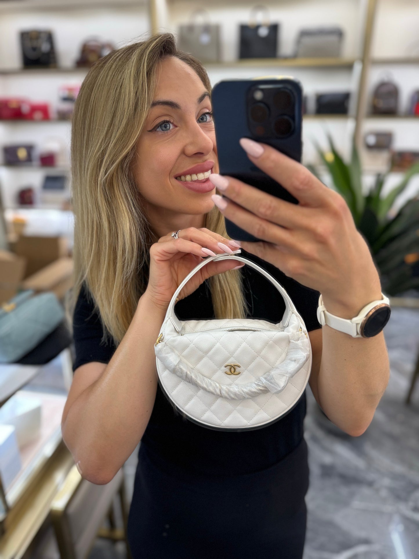 Pre-owned Certified Chanel 24S Hula “Bow” Hobo Bag White Caviar with Light Golden Hardware, 2024 microchipped, w/ dust bag