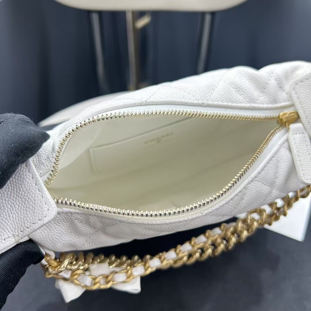 Pre-owned Certified Chanel 24S Hula “Bow” Hobo Bag White Caviar with Light Golden Hardware, 2024 microchipped, w/ dust bag