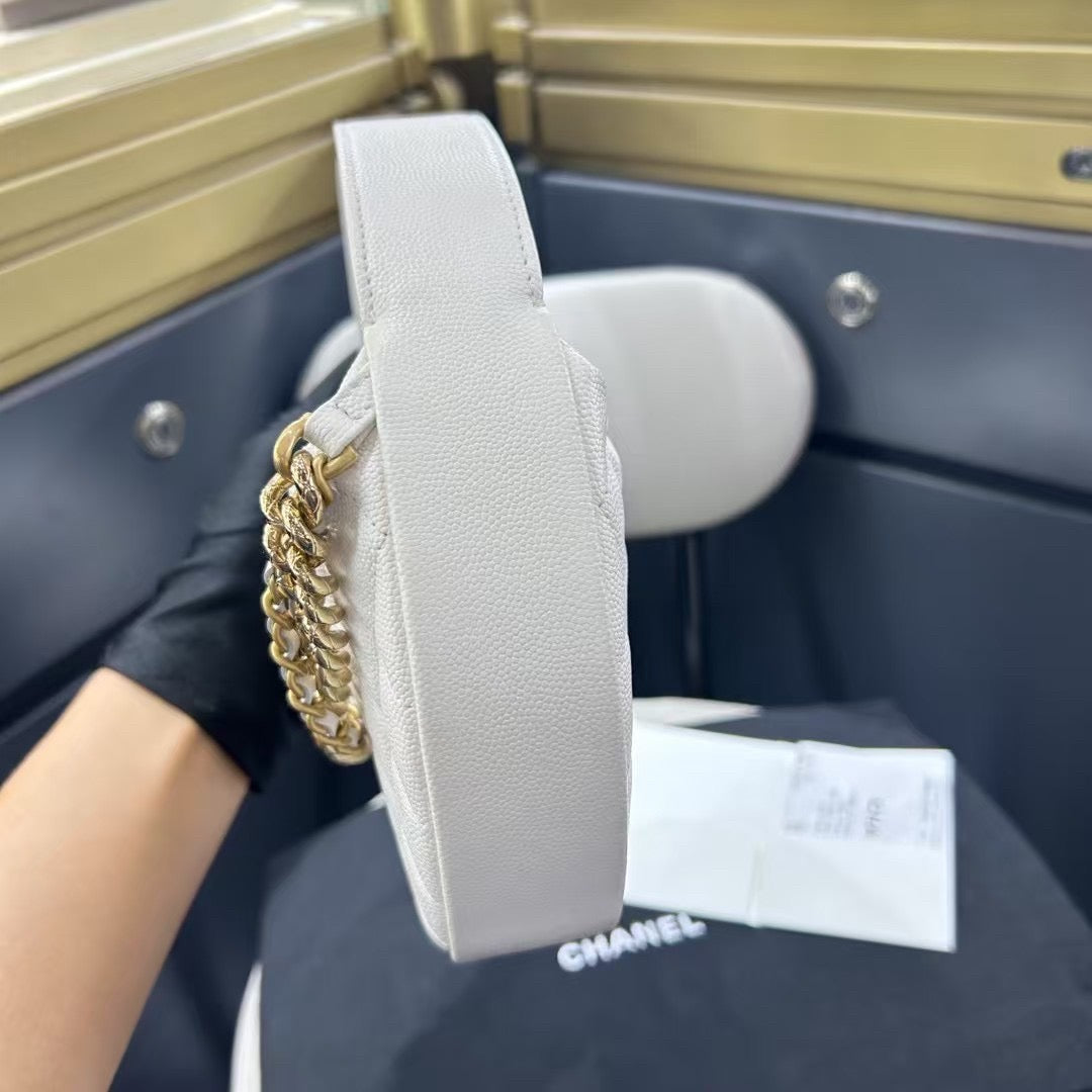 Pre-owned Certified Chanel 24S Hula “Bow” Hobo Bag White Caviar with Light Golden Hardware, 2024 microchipped, w/ dust bag