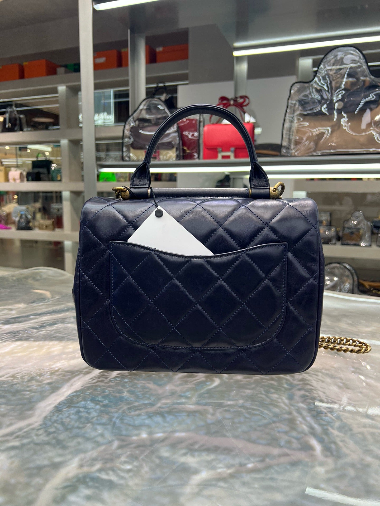 Pre-owned Not Used Chanel 16A Flap Bag Navy Blue Shiny Calfskin Golden Hardware, Full Set