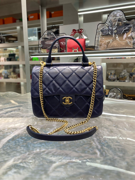 Pre-owned Not Used Chanel 16A Flap Bag Navy Blue Shiny Calfskin Golden Hardware, Full Set