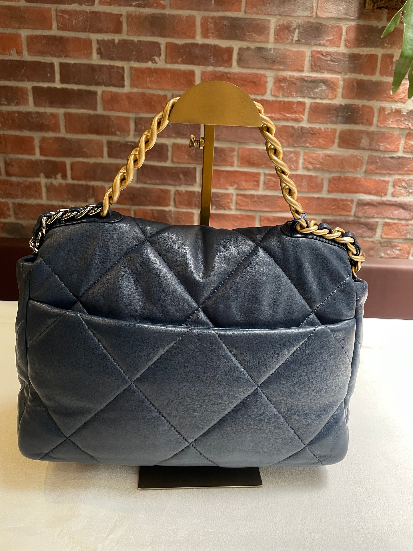 Pre-owned Certified Chanel 19Bag Medium / Large Navy Blue with Golden Hardware, Microchipped, Full Set