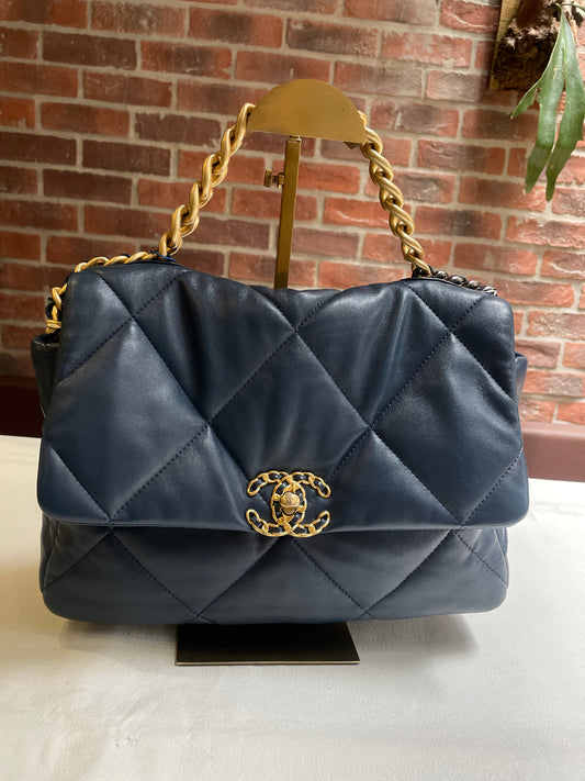 Pre-owned Certified Chanel 19Bag Medium / Large Navy Blue with Golden Hardware, Microchipped, Full Set