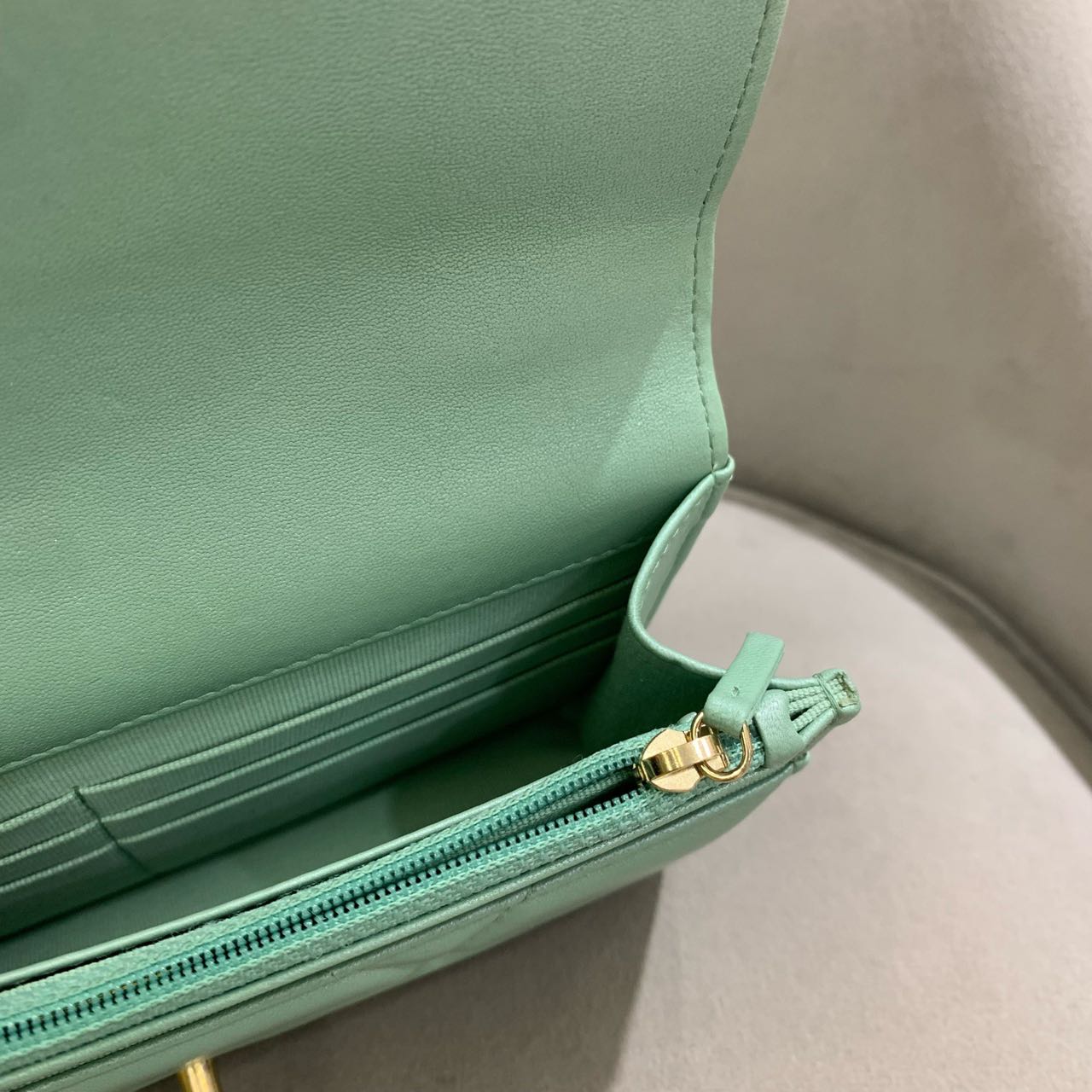 Pre-owned Certified Chanel 19 Wallet on Chain in Green Lambskin with Golden Hardware, 2023 Microchipped, w/ full set
