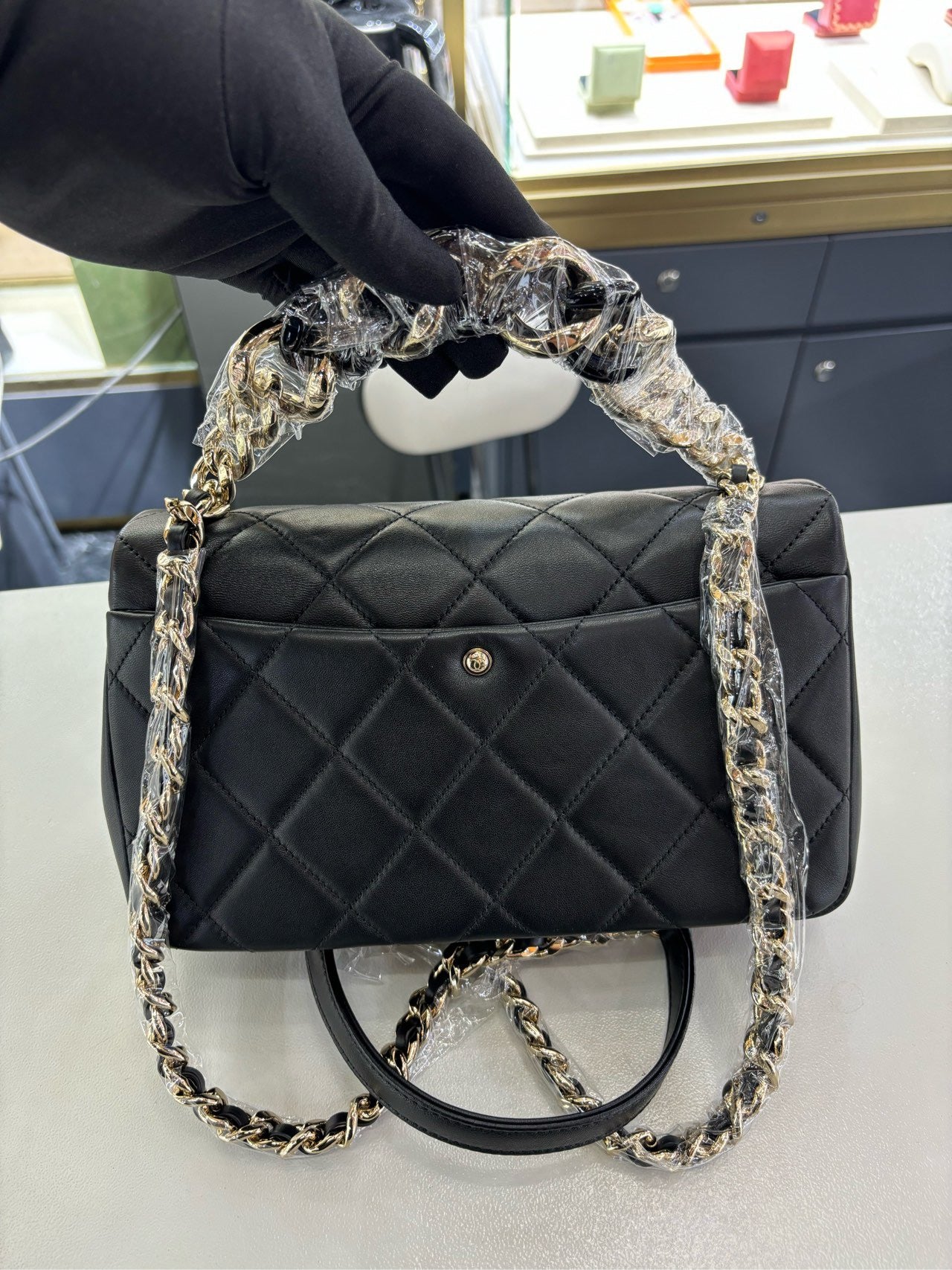 Pre-owned Certified Chanel 22C Mini Flap Chain Top Handle in Black Lambskin with Light Golden Hardware, 2022 microchipped, w/ full set - box, dust bag