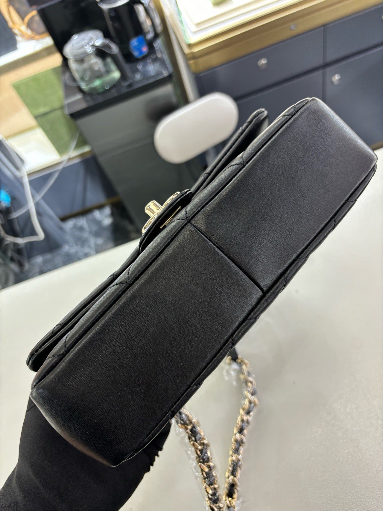 Pre-owned Certified Chanel 22C Mini Flap Chain Top Handle in Black Lambskin with Light Golden Hardware, 2022 microchipped, w/ full set - box, dust bag