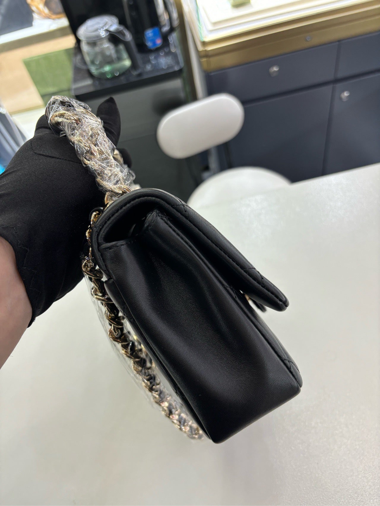 Pre-owned Certified Chanel 22C Mini Flap Chain Top Handle in Black Lambskin with Light Golden Hardware, 2022 microchipped, w/ full set - box, dust bag